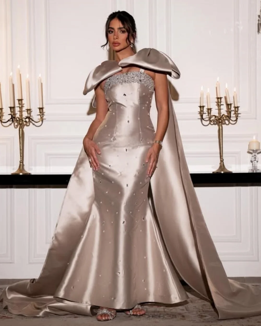 

Customized Exquisite Matching Charmeuse Rhinestone Bow Prom Dreasses Off-the-shoulder Mermaid Evening Dresses Sizes Available