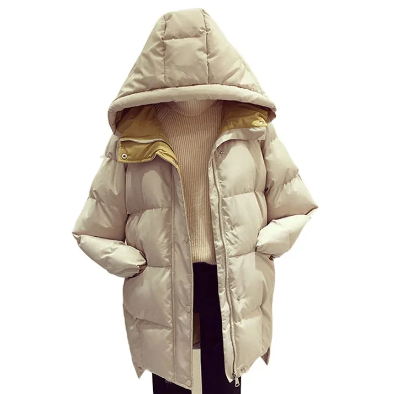 Cotton Coat Women 2023 New Winter Down Cotton Jacket Medium Long Thick Overcoat Loose Parka Solid Color Bread Suit Hooded Outer