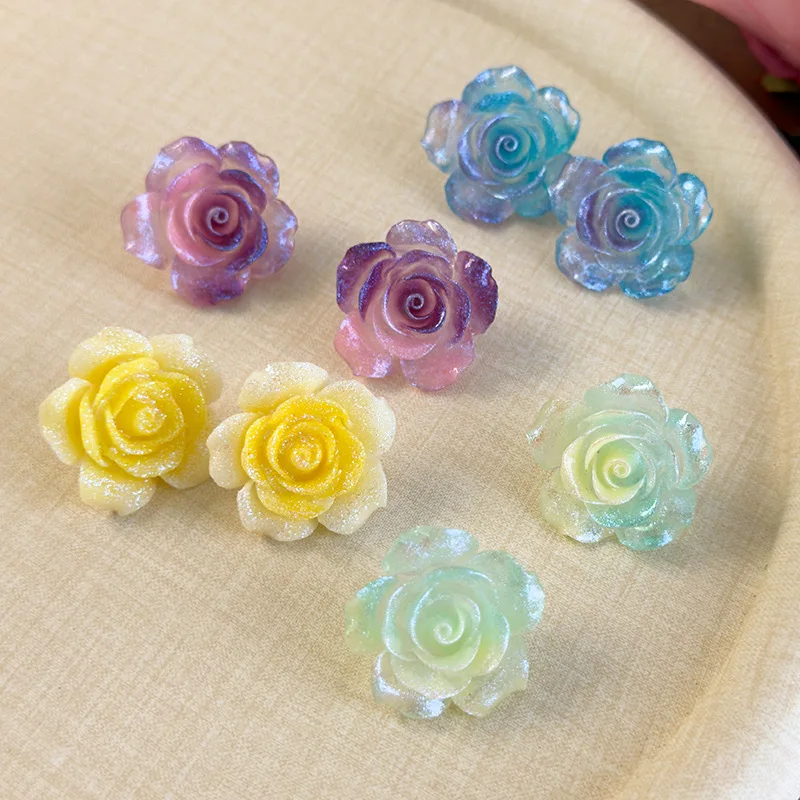 Gradient Camellia Resin Stud Earrings Transparent Glitter Sweet Temperament Small Flower Jewelry for Women Premium Lightweight