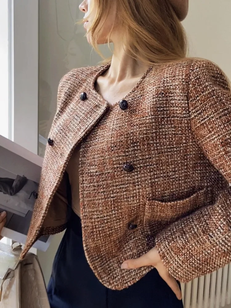 Dabuwawa Double Breasted Tweed Coat Vintage Women 2023 New Collection O Neck Jacket Light Weight Fancy Suiting DM1COT019