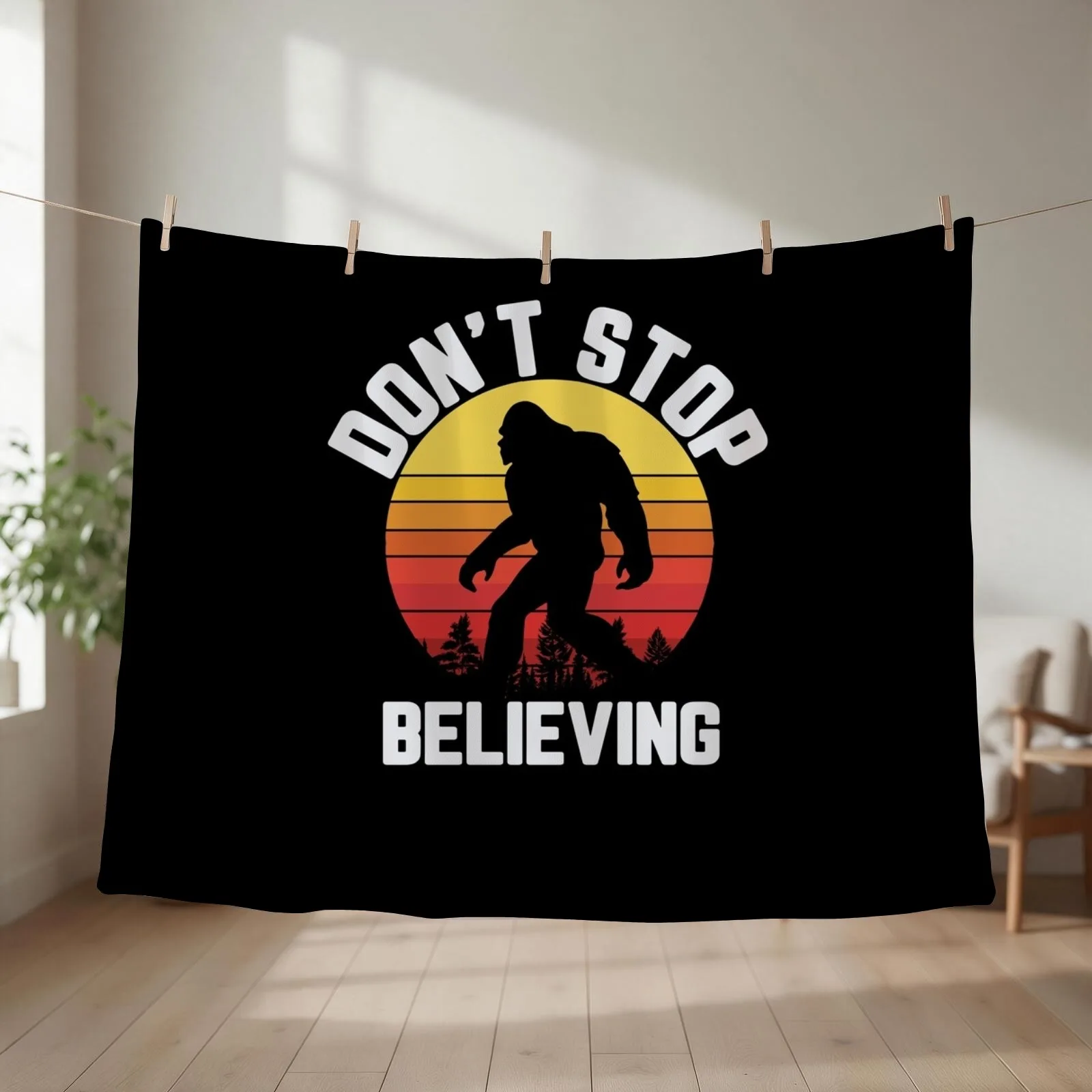 Funny Bigfoot Retro Sunset Don't Stop BELIEVING Throw Blanket couch cozy soft plush fuzzy picnic outdoor blanket