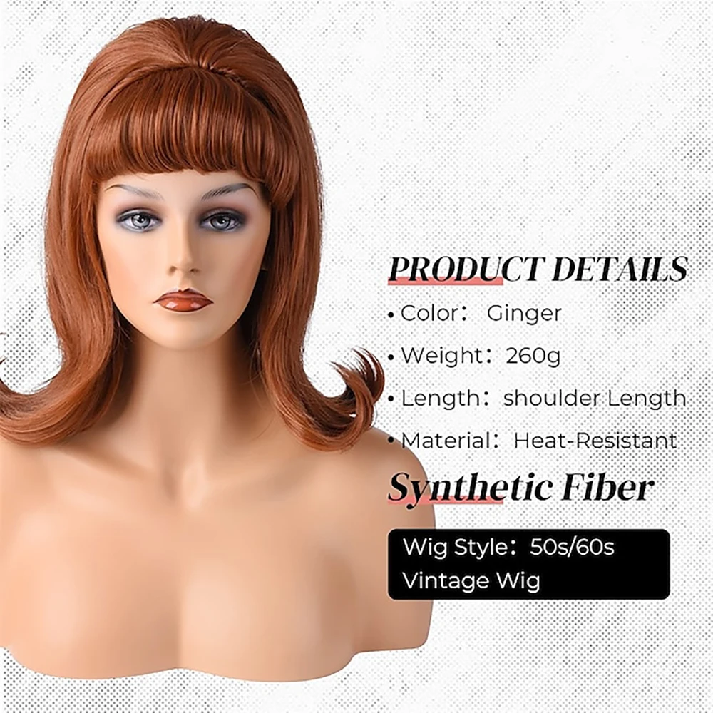 HAIRJOY  Synthetic Hair Retro Brown Wig 50s 60s 70s Wig with Bangs for Women Carnival Costume Party Halloween Wigs image 5