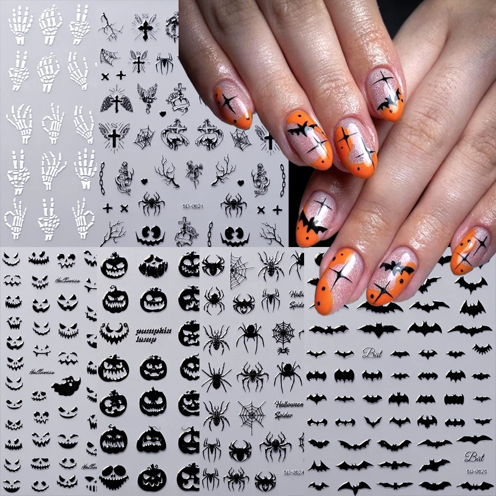 1pcs Dark Horror Skull Pumpkin Head Nail Decals Black Bat Spider Ghost Face Halloween Nail Stickers Halloween Nail Decals Supply