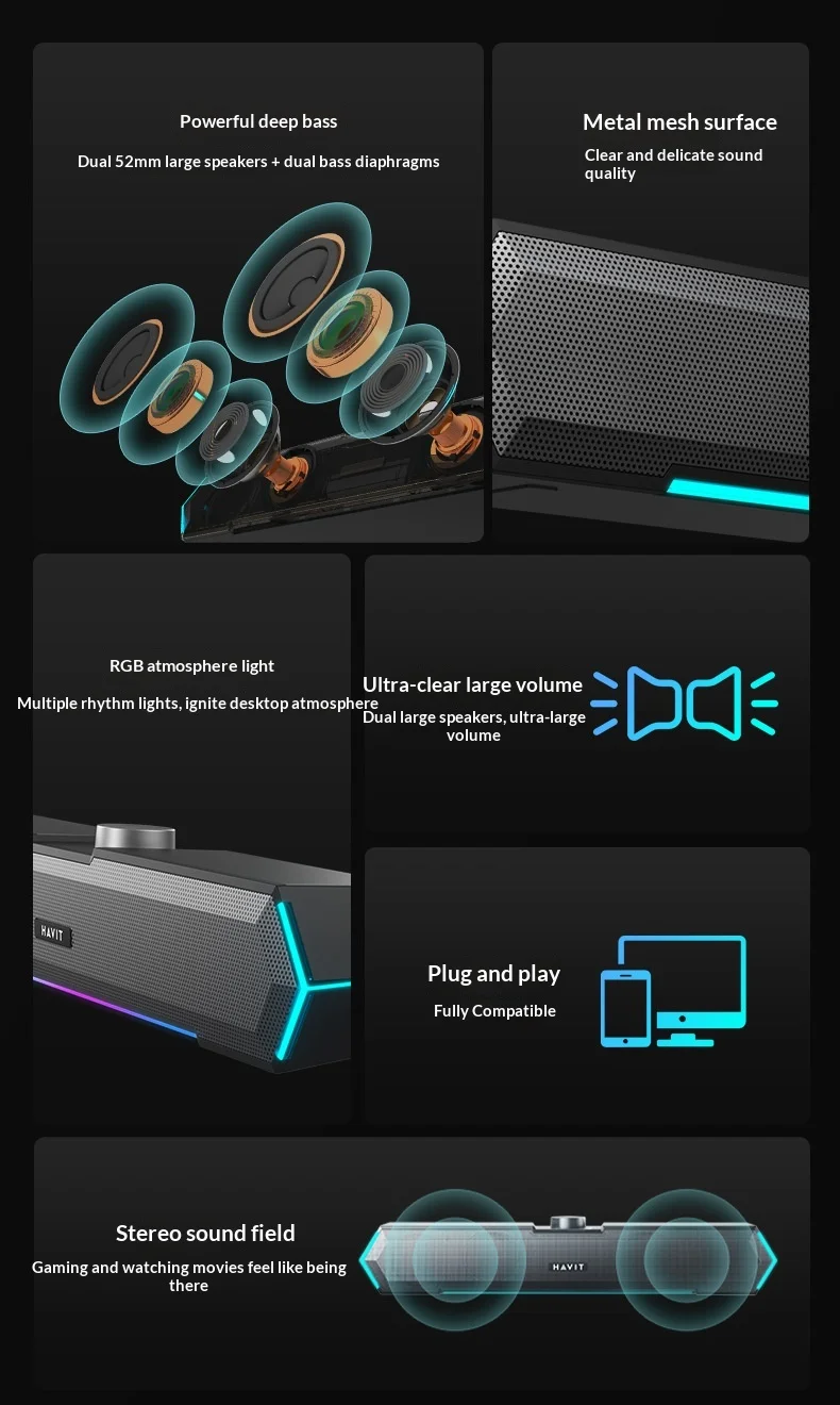 Havit M19 Computer Wired and Wireless Bluetooth Speaker Music Soundbar Portable Sound Box Bar for PC TV Laptop Desktop Sound