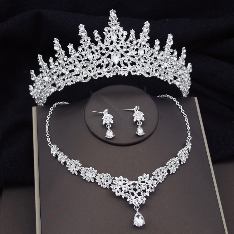 Luxury Pink Crystal Water Drop Bridal Jewelry Sets Rhinestone Tiaras Crown Necklace Earrings Wedding Dubai Jewelry Set