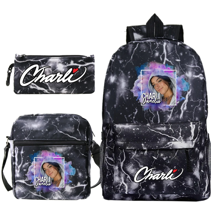 3 개 세트 Charli Damelio 배낭 소녀 캔버스 학교 배낭 소년 책 배낭 여성 데일리 가방 어린이 Bookbag Mochilas