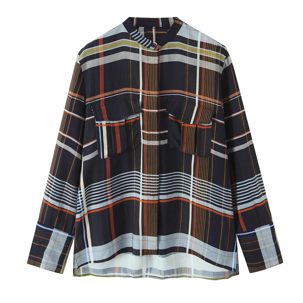 Conjunto de camisa xadrez feminina com bolso e calças outono comércio moda e26168/7f estilo europeu e americano
