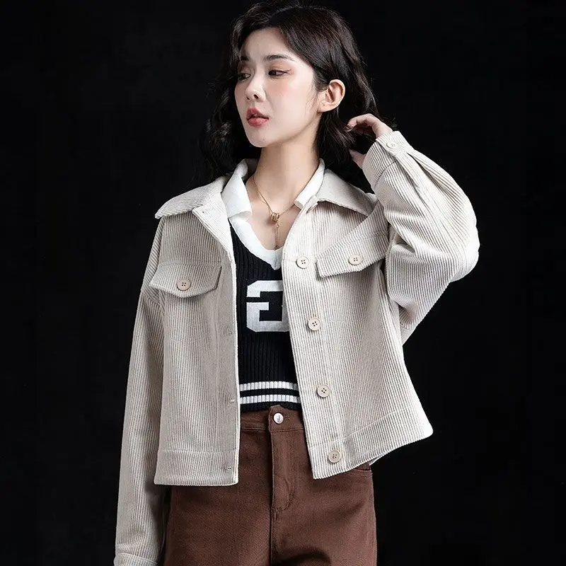 Spring Autumn Bomber Jacket Women Clothing Trends Corduroy Coat Long Sleeve Blouses Thin Coat Design Tops Korean Single-breasted