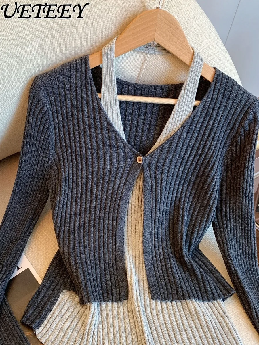 Retro Fake Two-Piece Halter Neck Long Sleeve Knitted Sweater for Women Autumn New Design Sense Waist-Cinching Slimming Top