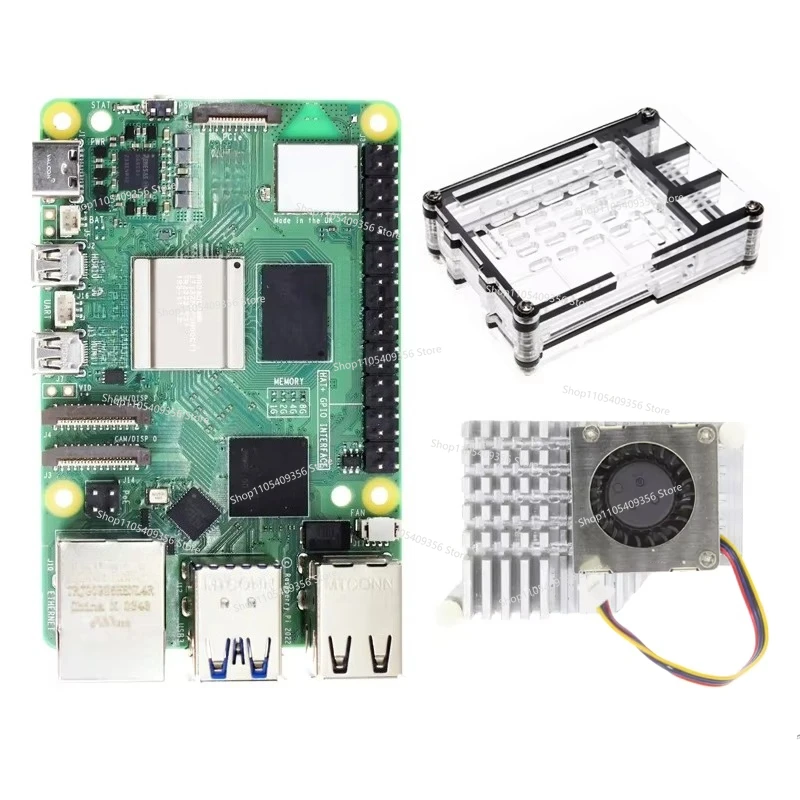 For New Raspberry Pi 5 Model 8GB RAM BCM2712 Linux PC in Stock, Development Board Kit, Clear Black Acrylic Case and Fan