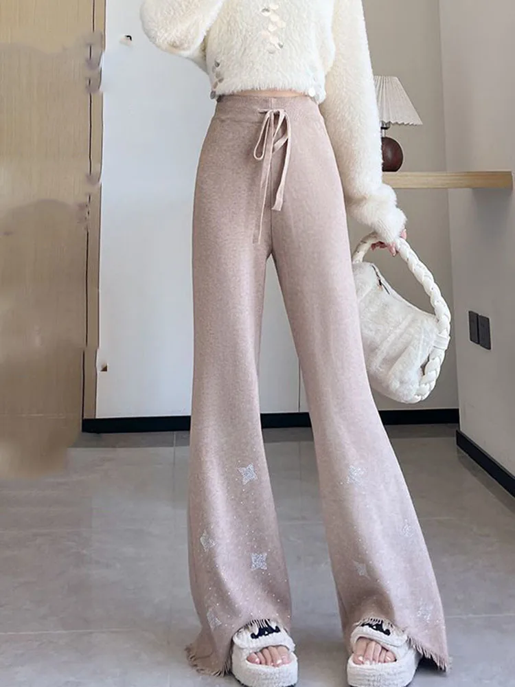 Tassel Bootcut Baggy Pants Women's Casual High Waisted Straight Pantalones Drawstring Fashion Loose Wide Leg Knitted Trousers