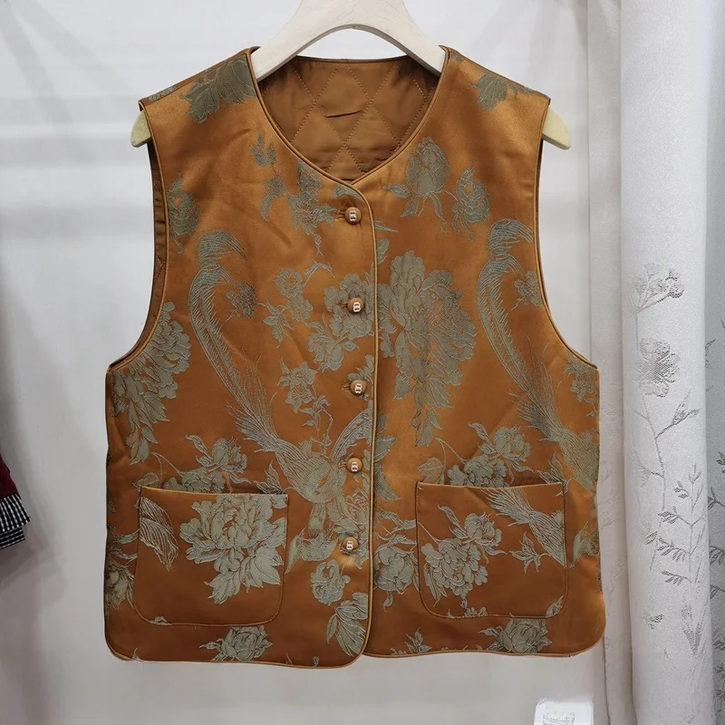 

Новая китайская вышитая хлопковая жилетка для женщин, универсальный топ с круглым вырезом, верхняя одежда из атласной ткани с цветочным узором
