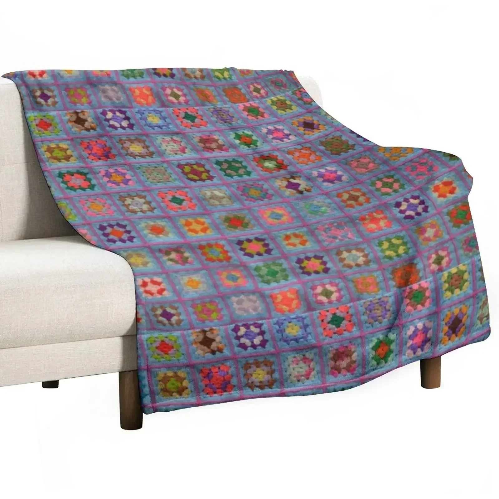 Granny square afghan - multi on blue Throw Blanket Comforter Summer Blankets