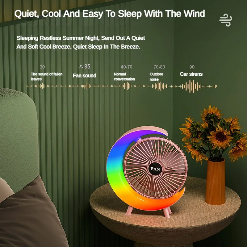 Ventilador pequeno de mesa, luz de rolagem, alta potência eólica, ajuste de 3 velocidades, acampamento ao ar livre, dormitório doméstico, carregamento usb portátil