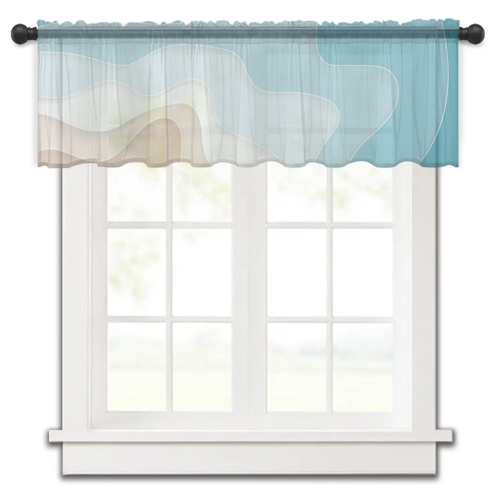 Waves Blue Beach Art Tulle Kitchen Small Window Curtain Valance Sheer Short Curtain Bedroom Living Room Home Decor Voile Drapes