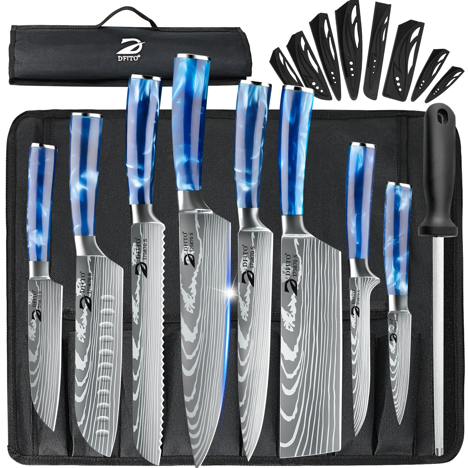8-teiliges Küchenmesser-Set aus 7CR17MOV Edelstahl mit Kochmesser, Hackmesser, Brotmesser, Santoku-Messer, Schälmesser, Ausbeinmesser, blauem Harzgriff, Messertasche und Klingenschutz sowie Schleifstab – Detail 2