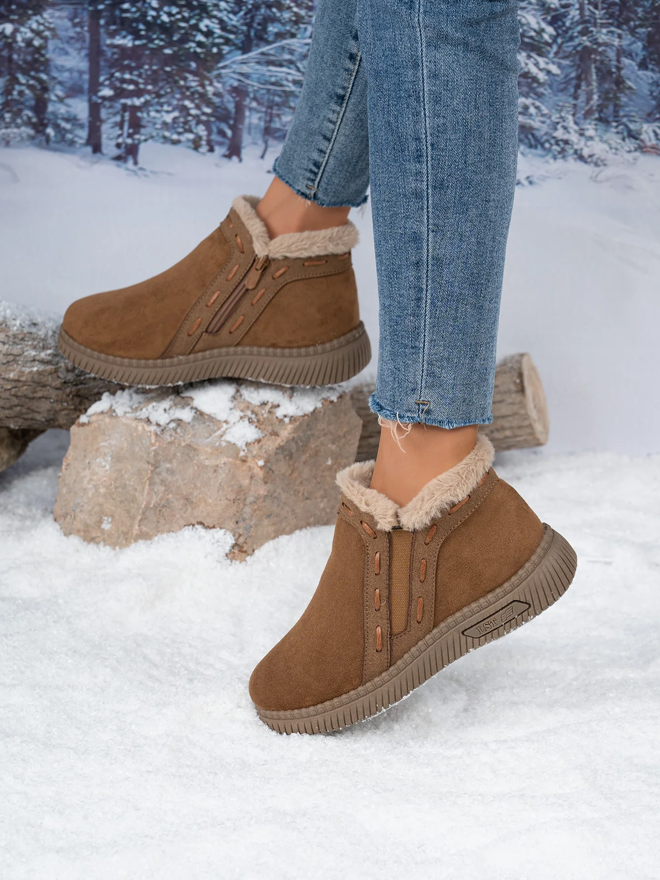 Damen-Winterstiefel Braun Damen-Knöchelstiefel mit seitlichem Reißverschluss, warm gefüttert mit Fleece, rutschfeste flache Schneestiefel für den täglichen Outdoor-Gebrauch. – Detail 14