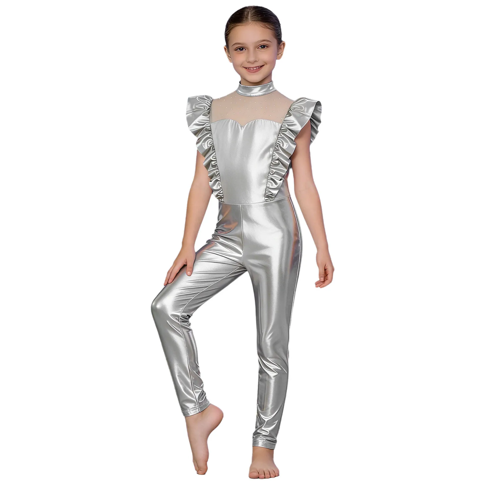 

Детский гимнастический комбинезон-боди для девочек с металлическим блеском, в стиле инопланетянина, с рюшами на рукавах и молнией, для Хэллоуина и тематических вечеринок