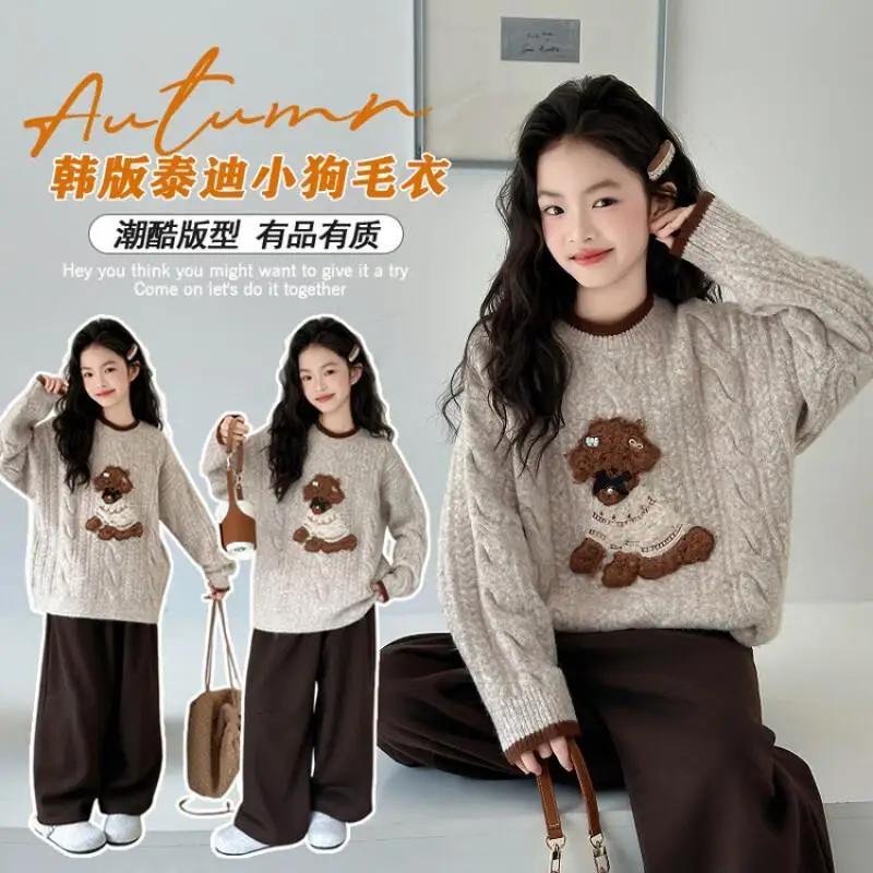 

2025 Girls' Knitted Sweater Autumn Winter Cute Cartoon Long Sleeved Tops High Neck Comfortable Children Clothing 4-12 Years Old