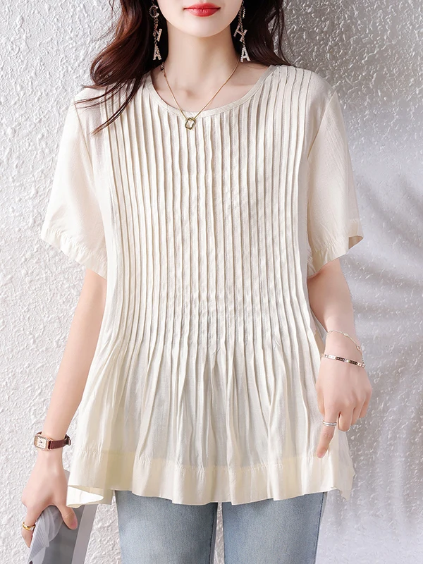 Dames ort Sve T-shirt rond Ne geplooide zoom Dunne irt-top Koreaanse Sle Loose Fit Normaal dunne pure kleur