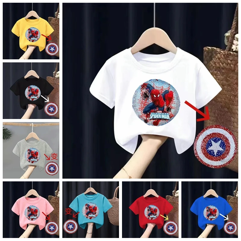 Summer Baby Boy Short Sleeve T-Shirt Cartoon Spiderman Captain America Sequin Reversible Print Children Top Tee Cotton Clothes