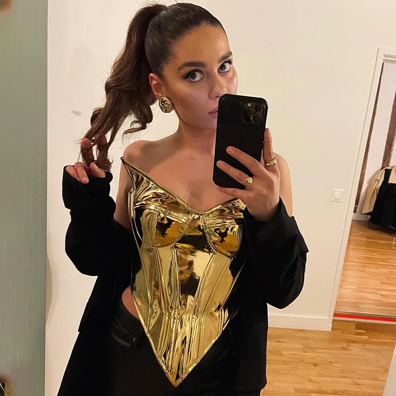 

Новый женский однотонный корсет нестандартной формы, повседневный топ из искусственной кожи с глянцевой молнией, тонкая майка без бретелек, летний жилет с рыбьей косточкой, сексуальные майки