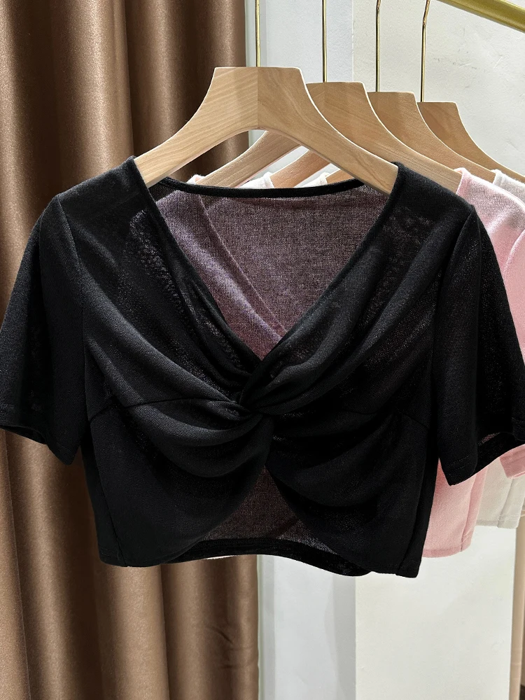 

New Summer Thin Ice Silk ort Sve Flag Dr Cover up Women's Outerwear V-Ne Knitted Top Soft And Comfortable