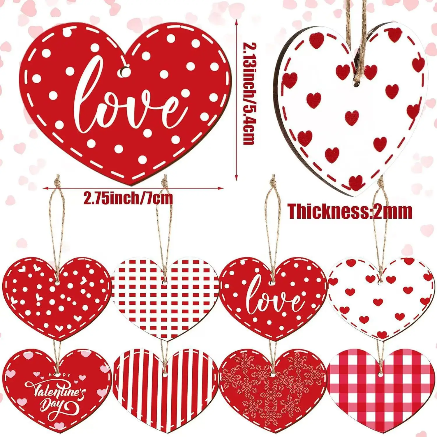 24 قطعة كبيرة من زخارف شجرة على شكل قلب باللون الأحمر والوردي والأبيض، زينة معلقة على شكل قلب خشبية لطيفة لعيد الحب