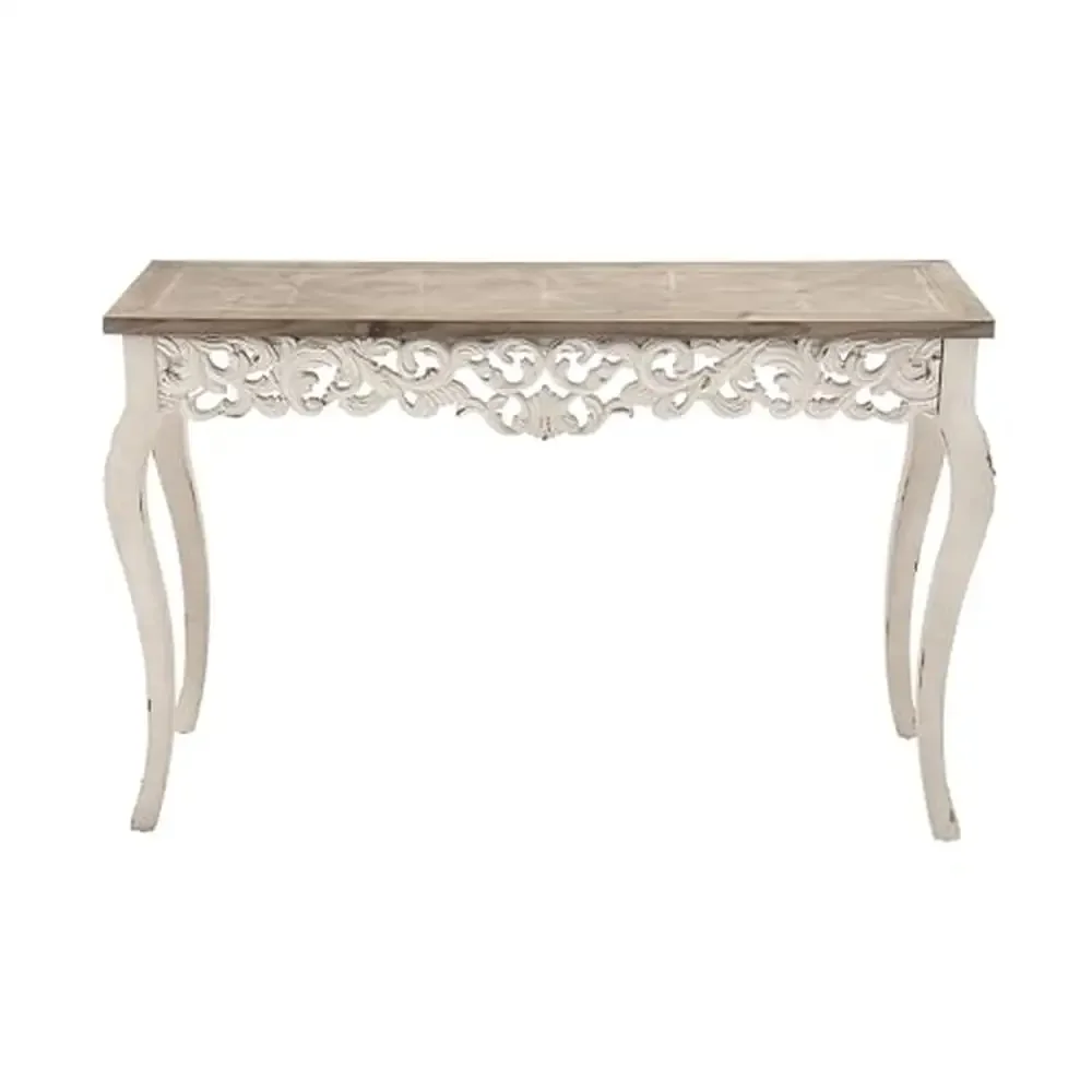 Rustic White Wood Console Table with Intricate Carvings Farmhouse Style 46