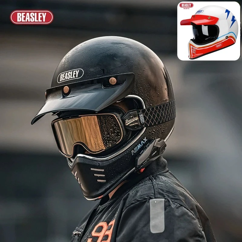

BEASLEY Retro Full Face Motorcycle Helmet – DOT & ECE Certified Summer Anti-Glare Sun Visor – Stylish Design for Harley Riders