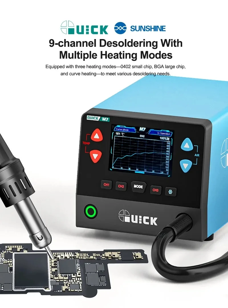 

QUICK M7 1000W Intelligent Lead-free Soldering Station 9-channel Intelligent Desoldering Supports Fast Heating from 50℃ to 550