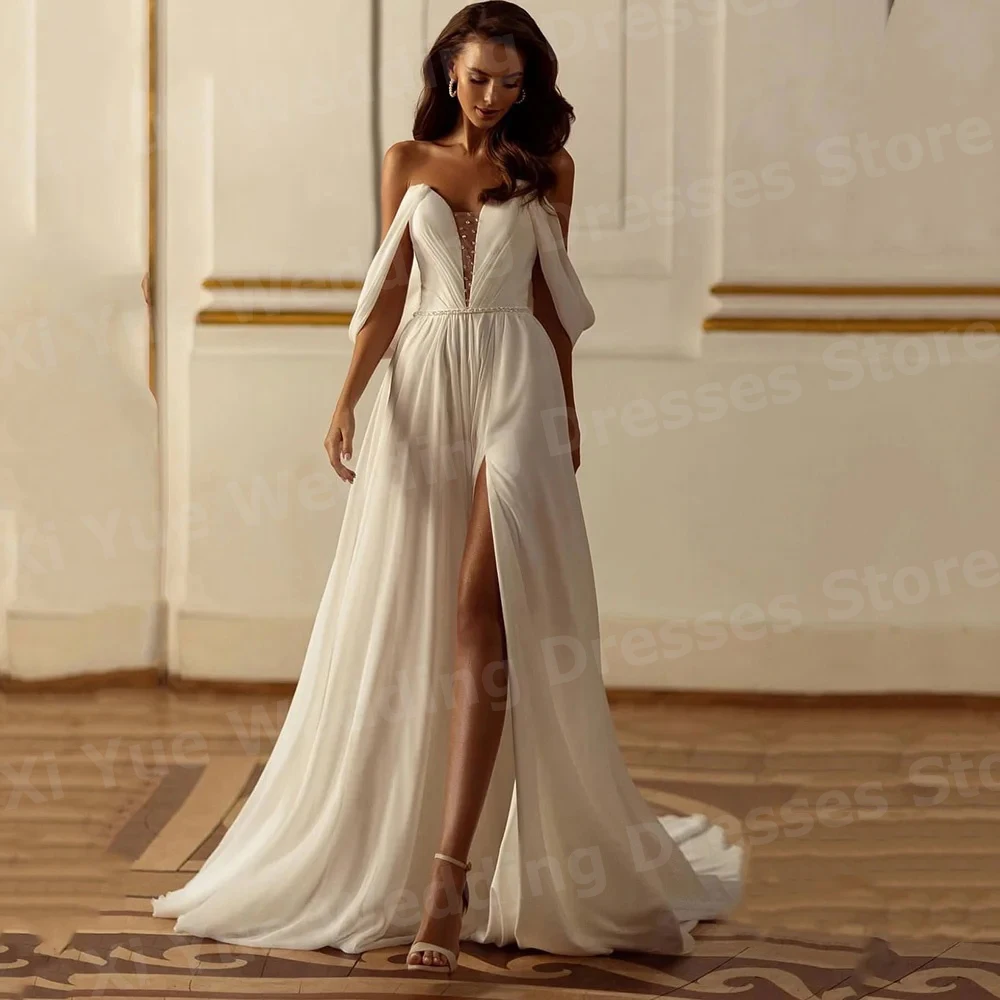 Eenvoudige A-lijn trouwjurken voor dames uit de schouder mouwloos vestido de novia bruidjurken op maat sexy zijsplit vestido