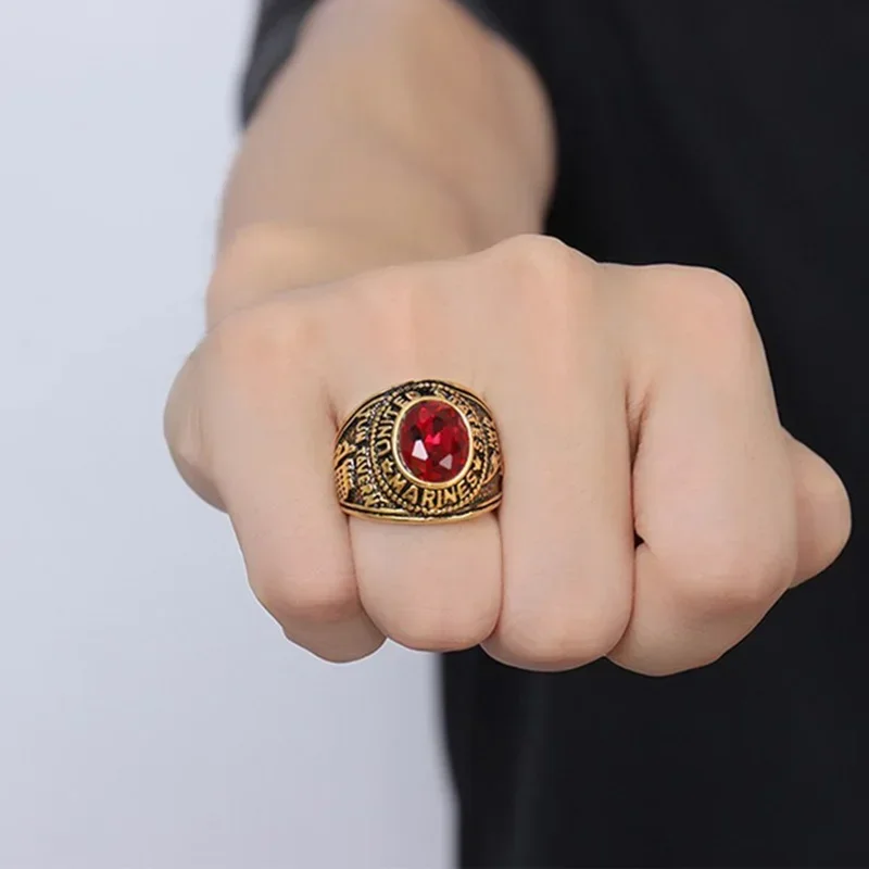 Vintage Gold Color Stainless Steel Red Stone Men Ring US Marines Punk Rock Ring Male Jewelry Gift