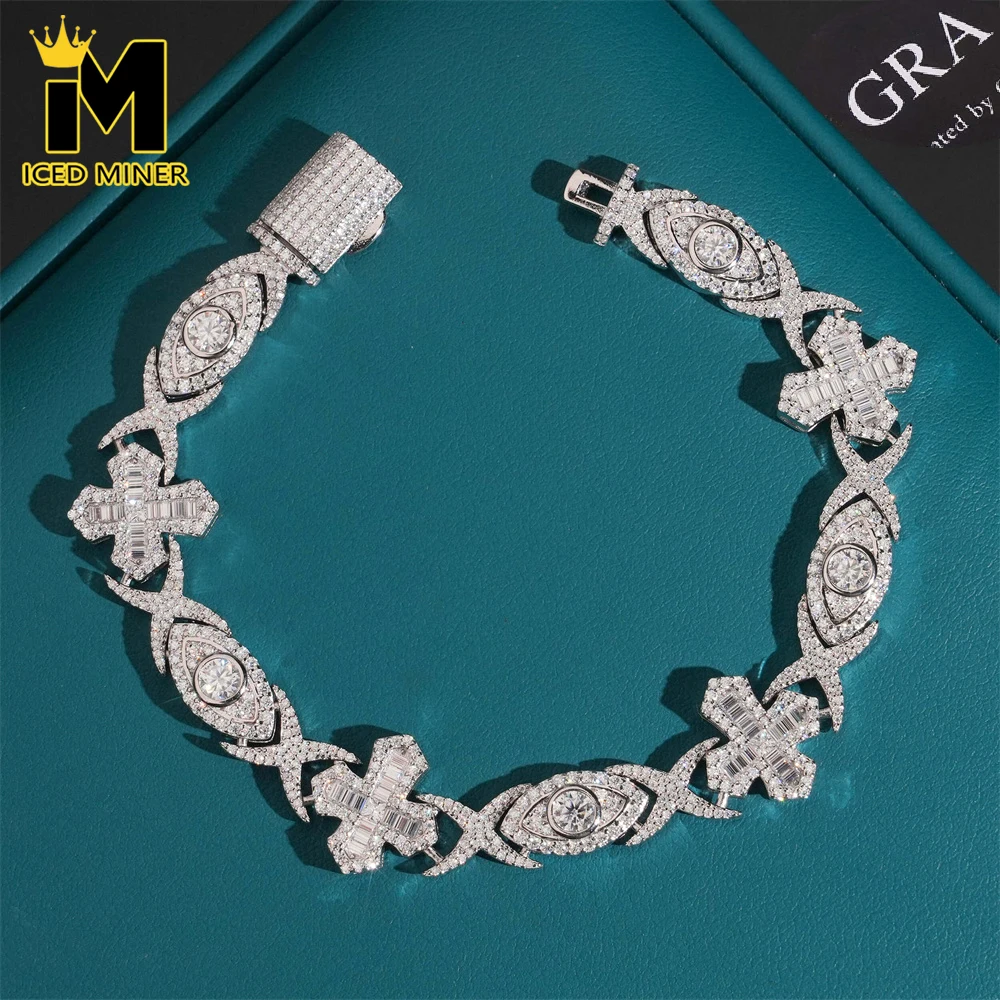 

Icedminer 14mm VVS Moissanite Cross Eye Link Iced Chain Out Necklaces For Men S925 Silver Choker Pass Tester Hip Hop Jewelry RGA