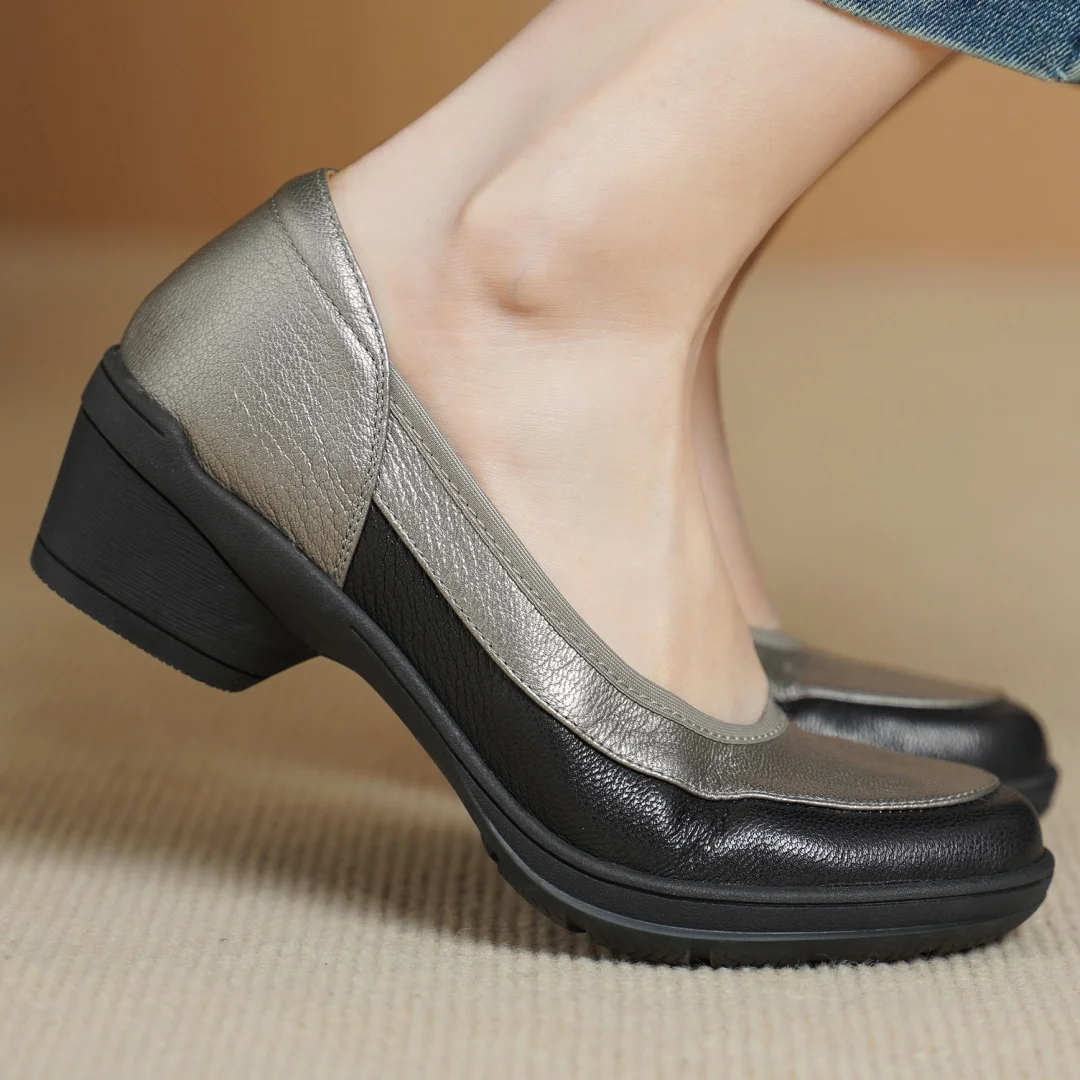 

danxuefei 2026 spring new women's sheepskin mix color patchwork round toe slip-on pumps 4.5cm wedge med heel soft comfort shoes