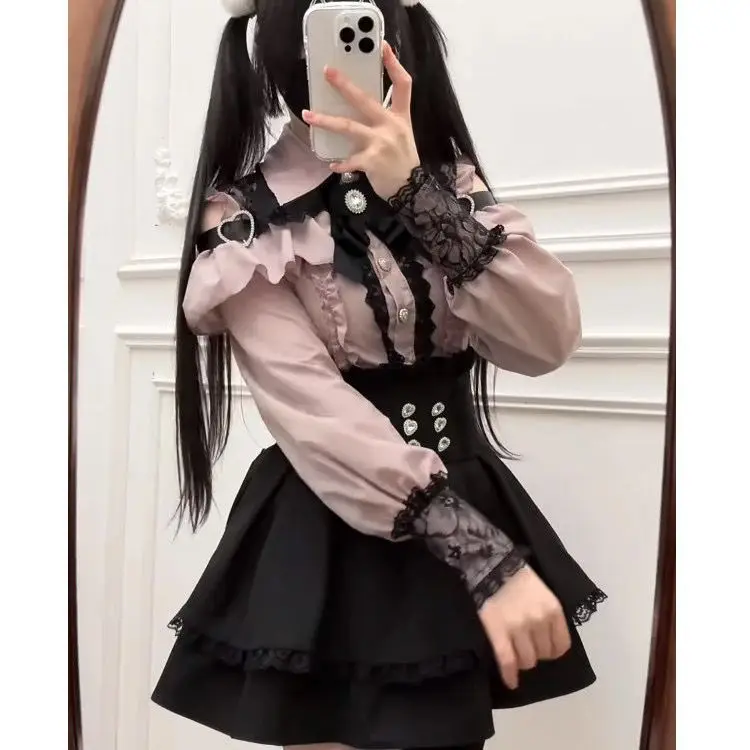 Jirai Kei Shirt-Outfit, Lolita Y2K Spitzenbluse mit kurzen und langen Ärmeln, süßer Kawaii-Stil für Damen, schwarzer Rock mit hoher Taille im japanischen Stil