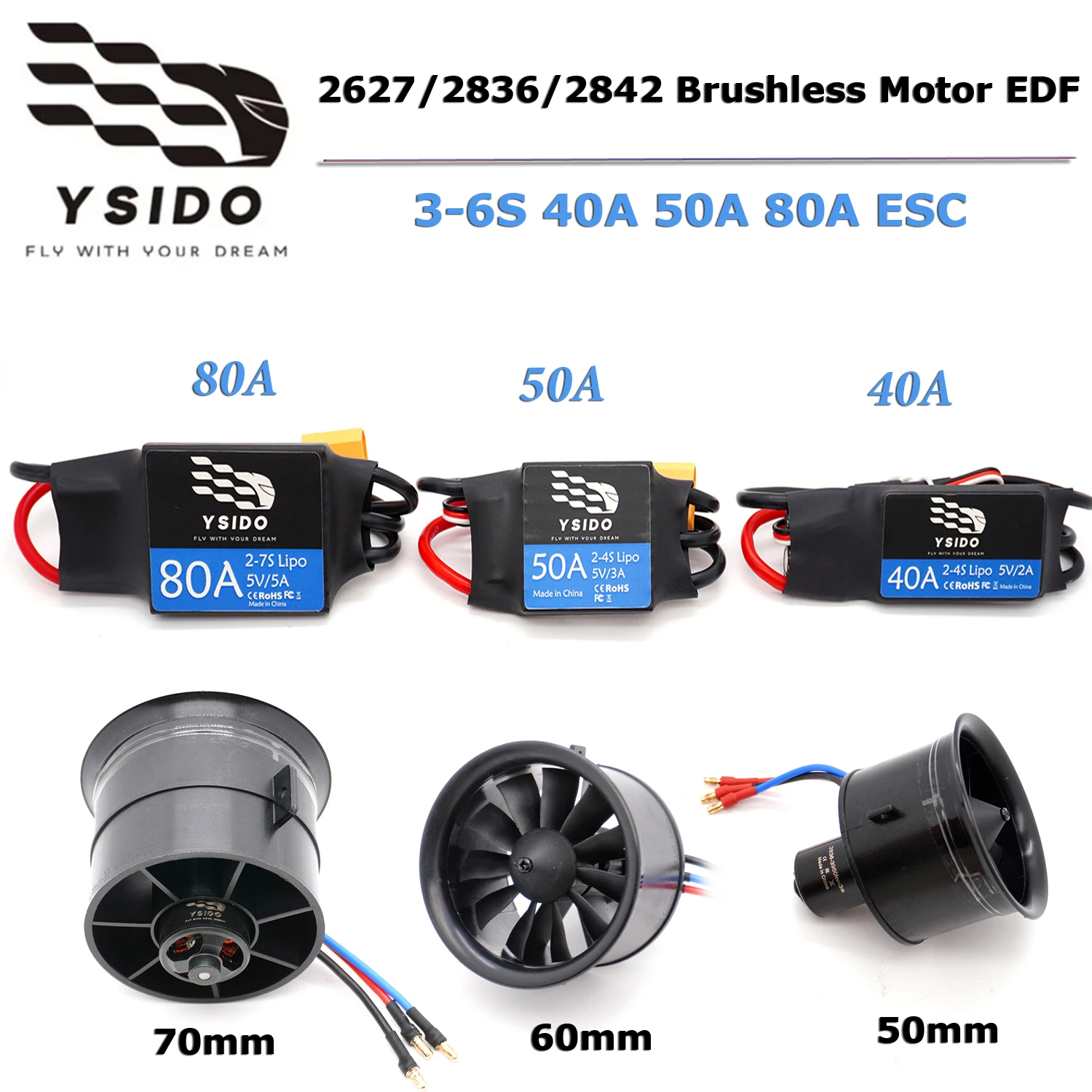 

YSIDO 70 мм 64 мм 50 мм 2627/2836/2842 Бесщеточный двигатель EDF Канальный вентилятор 40A 50A 80A ESC 3-6S Комбинированный для RC JET Самолет EDF