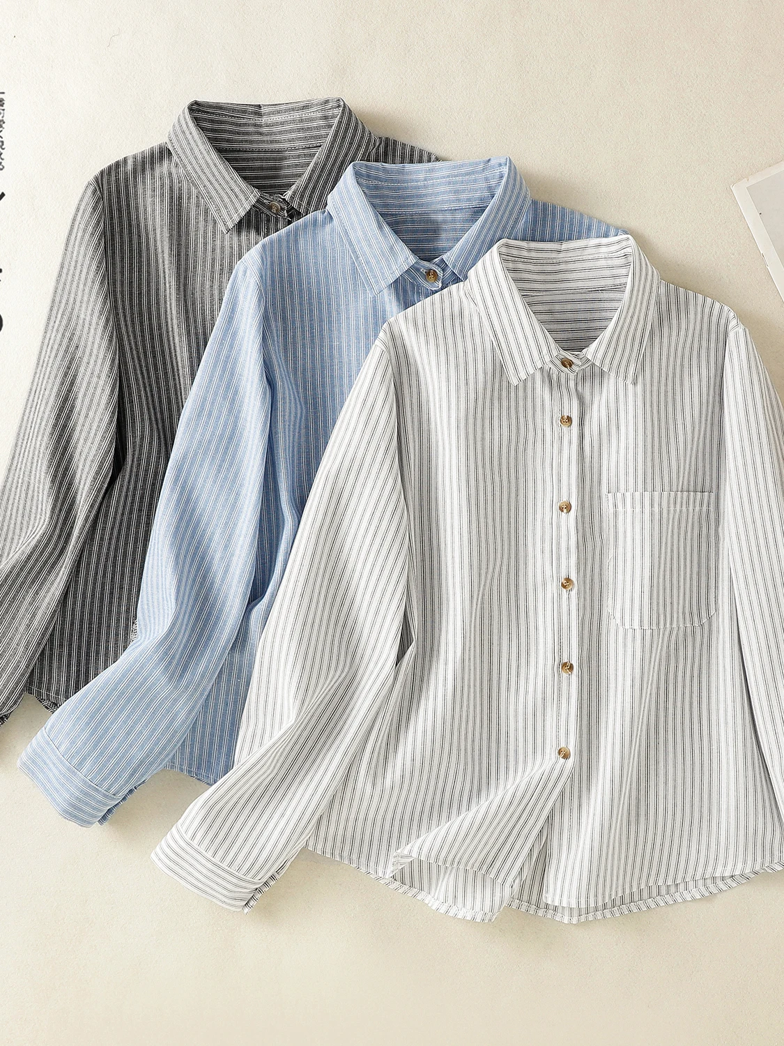 Casual Cotton Linen Striped Shirt Loose Long Sleeve Turn-down Collar Button-up Top for plus Size Women Artistic Style Autumn ...