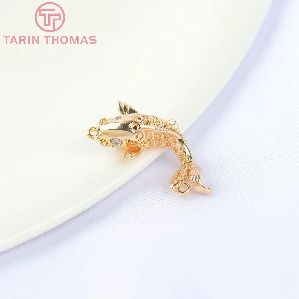 (5539) 6PCS 10x18MM 24K Gold Color Brass with Zircon Carp Charms Pendants High Quality DIY Jewelry Making Findings Wholesale