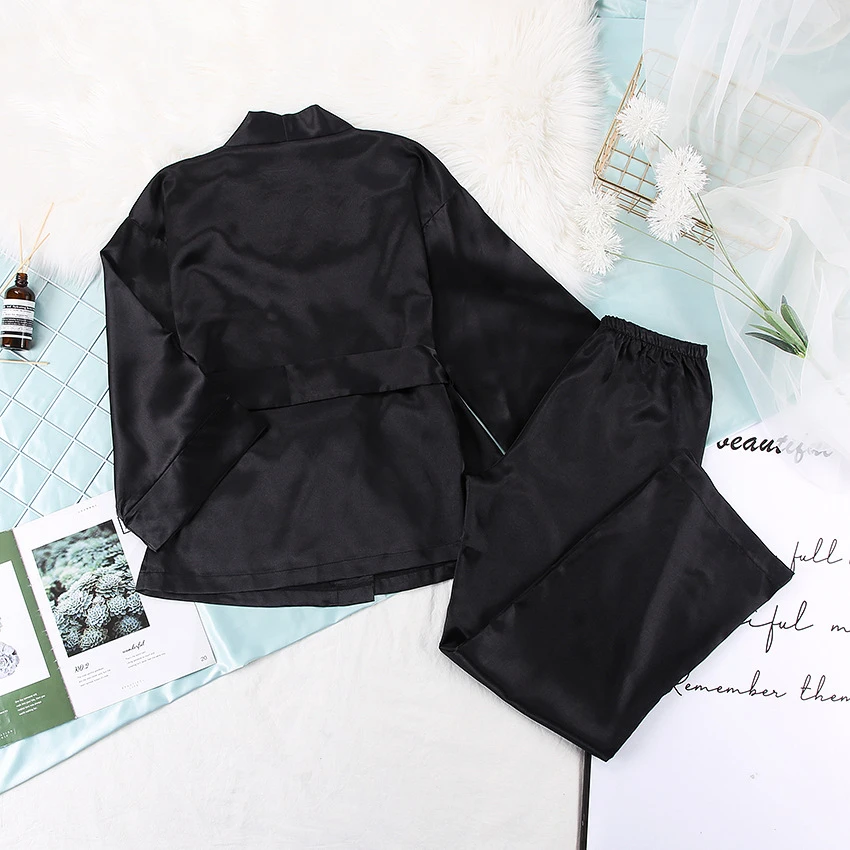 シルキーサテンレースアップパジャマレディース,セクシーなラウンジウェア,Vネックカーディガン,パンツスーツ,ルーズホーム,ラグジュアリー,新作,春,2ユニット