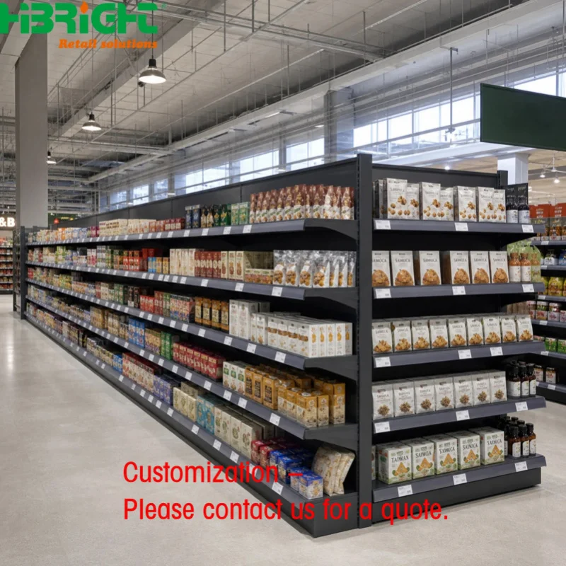 custom.Modern Matte Black Retail Shelving System Double Sided Gondola Shelf High-end Supermarket