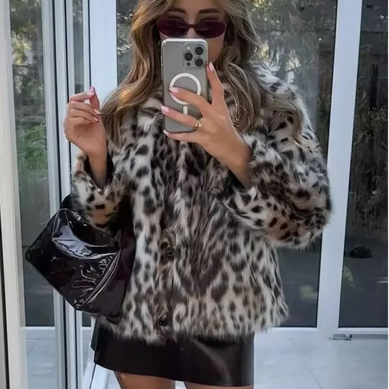 TRAF Women Faux Fur Coat Furry Leopard New In Coats & Jackets Autumn Long Sleeve Fluffy Jacket Plush Warm Winter Woman Coat