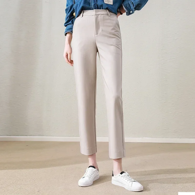 Fashion Casual Ladies Black Ankle Length Cotton Pants Laides High Waist Slim Office Lady Trousers Summer Pants