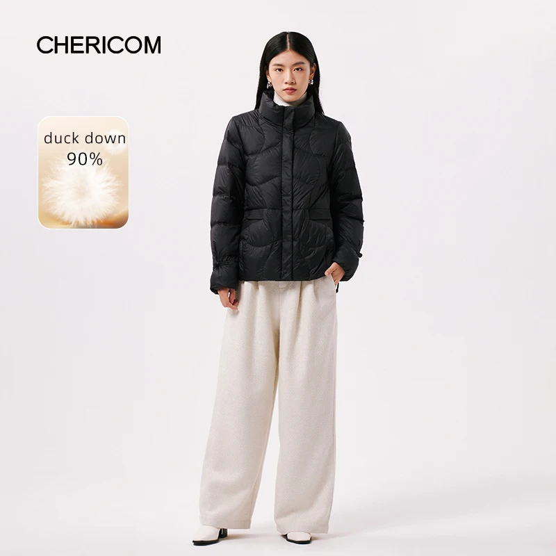 Chericom レディース スタンドカラー 軽量 ダウン ジャケット リバーシブル ジップ パファー コート ストレート スラント ポケット フリンジ ディテール Y299056Y