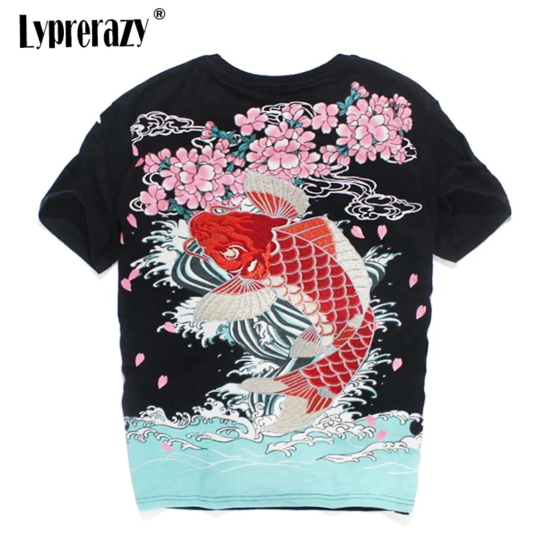 Lyprerazy Chinese Style Painted Flower Carp Embroidery Men\'s T-shirt Harajuku Summer Short-sleeved Top Tees