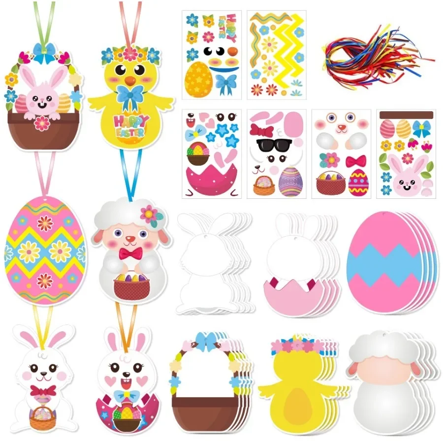 

24Pcs DIY Easter Egg Card Hanging Decoration Children's Easter Craft Gift Set Self-adhesive Stickers Easter Egg Tree Party Decor