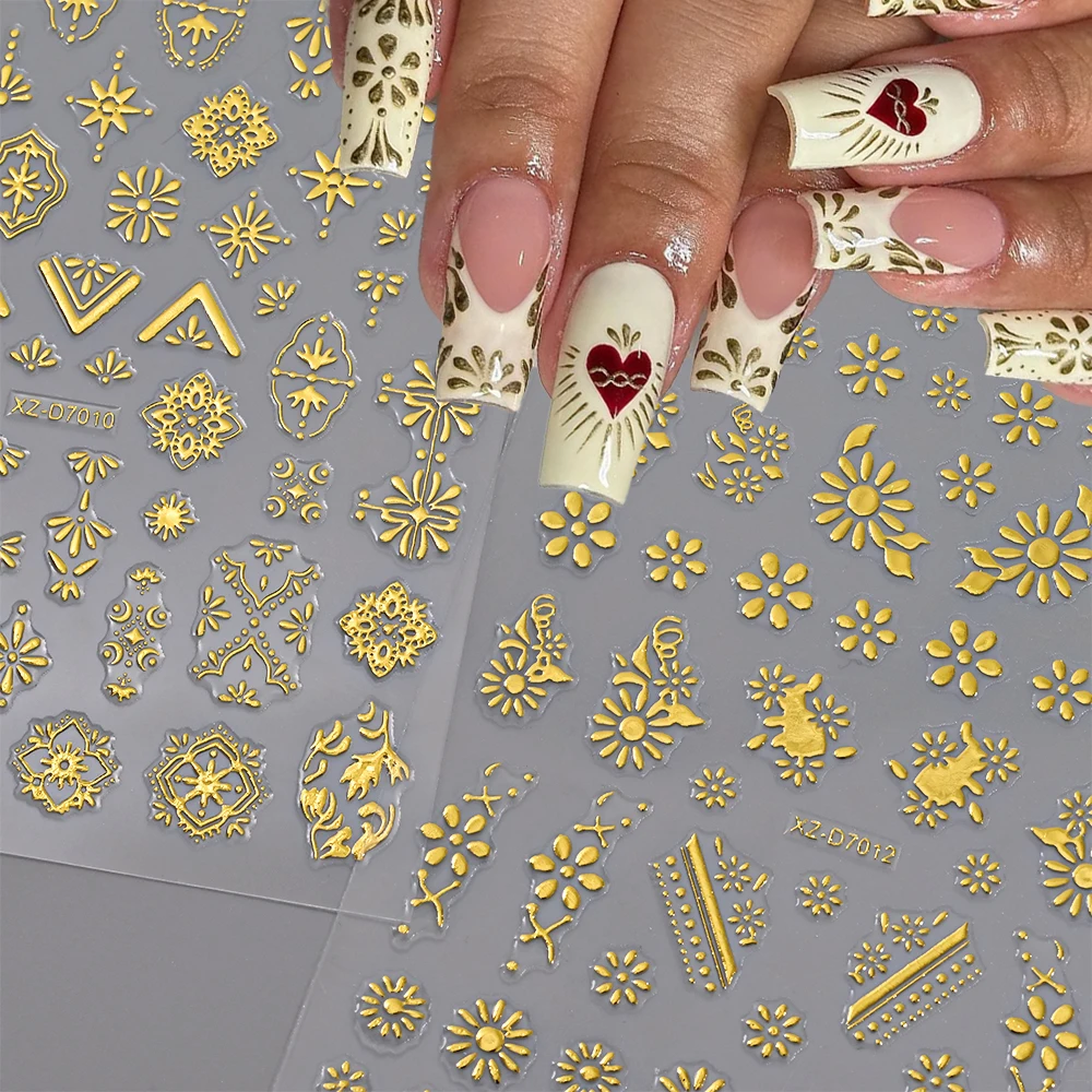 

3D Gold Flower Bohemian Nail Art Sticker Bronzing Blossom Floral Star Bowknot Love Nail Art Decals Y2k Self-Adhesive Nail Slider