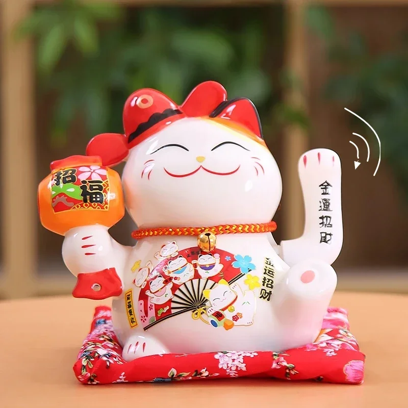 6inch Ceramic Beckoning Cat Waving Hand Fortune Cat Electric Maneki Neko Best Gift Home Decoration Lucky Cat