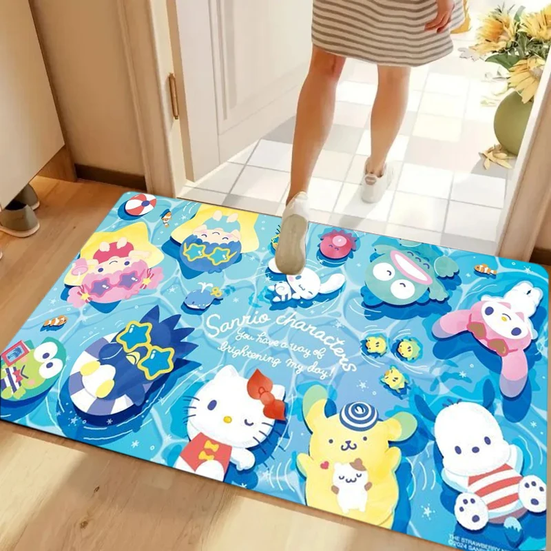 Paillasson de fête au bord de la piscine avec personnages Sanrio, tapis de bienvenue mignon pour l'été, tapis d'entrée antidérapant, tapis de sol, décoration de la maison
