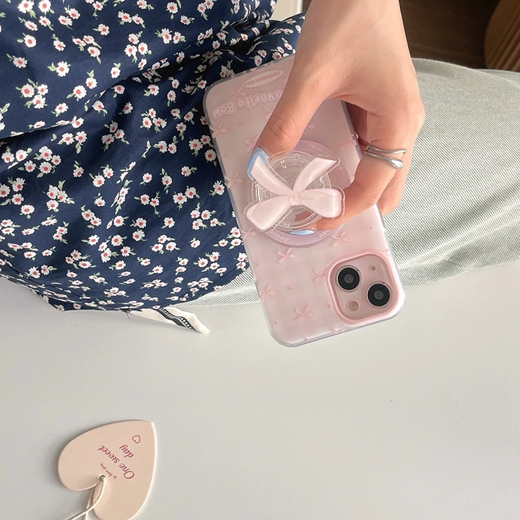 Ins Stylish Matte Pink Plaid Bowknot Magnetic With Holder Cover Case For iPhone 16 15 14 13 12 Pro Max Phone Case